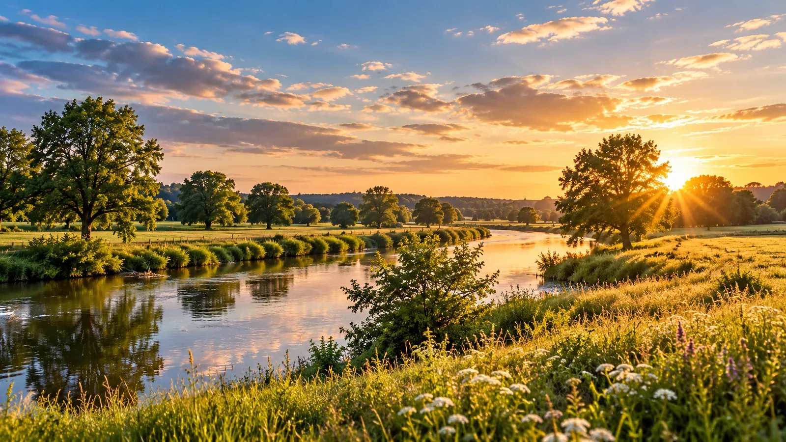 Illustrative norddeutsche Flusslandschaft in der Abendsonne